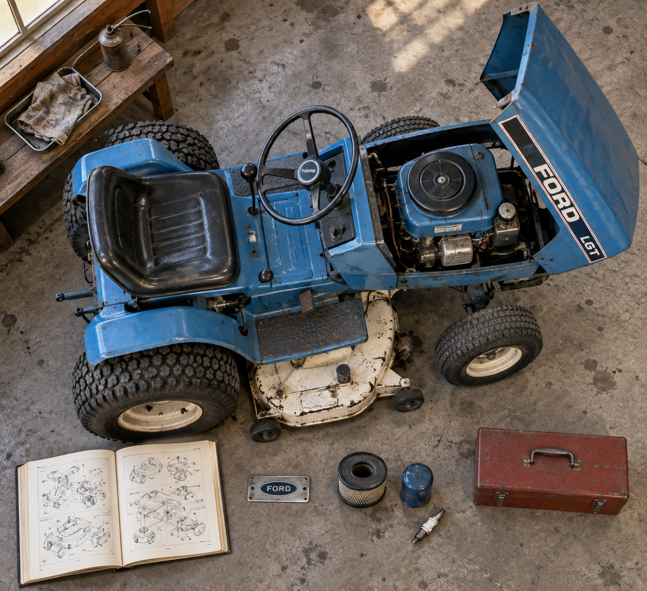 Overhead view of a vintage Ford lawn tractor with mower deck, repair parts, tools, and an open catalog in a workshop; ford lawn mower restoration setup.