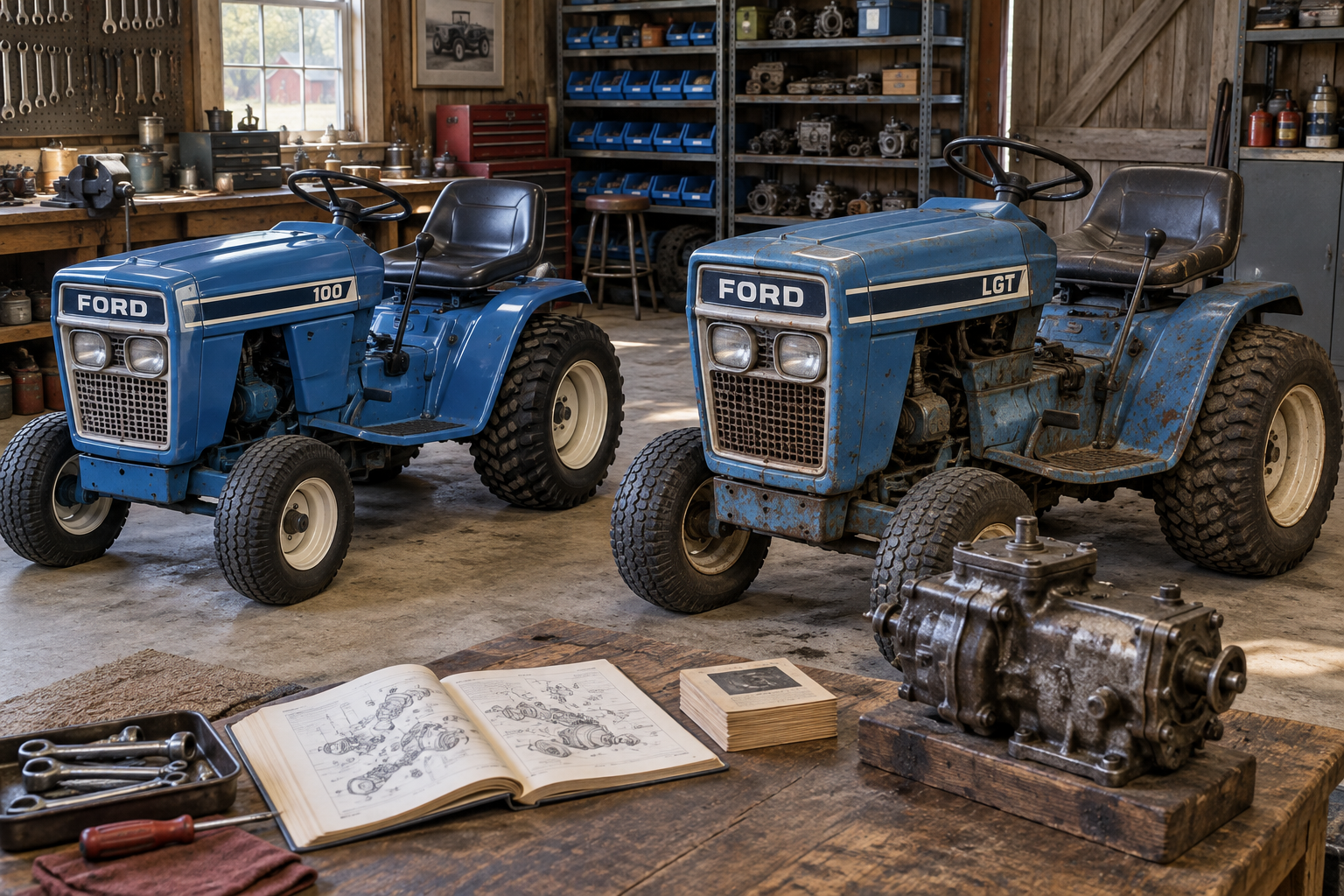 Two vintage Ford tractors sit in a tidy workshop, with tools and parts nearby; a ford lawn mower collector compares their condition and transmissions.
