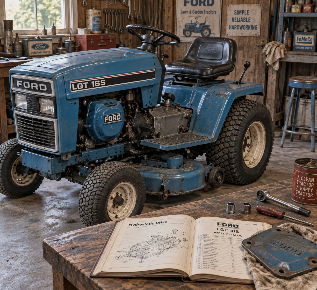 Ford lawn mower LGT 165 in a workshop beside a hydrostatic drive catalog, tools, and a removed service cover.