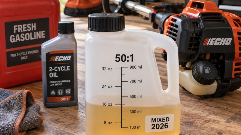 Graduated jug of 50:1 echo weed eater fuel mixture labeled u201cMIXED 2026,u201d beside fuel can, oil, and Echo trimmer.