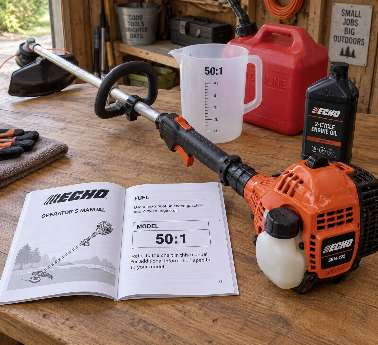 Overhead view of an ECHO trimmer beside its manual and 50:1 mixing supplies, illustrating echo weed eater fuel mixture preparation.