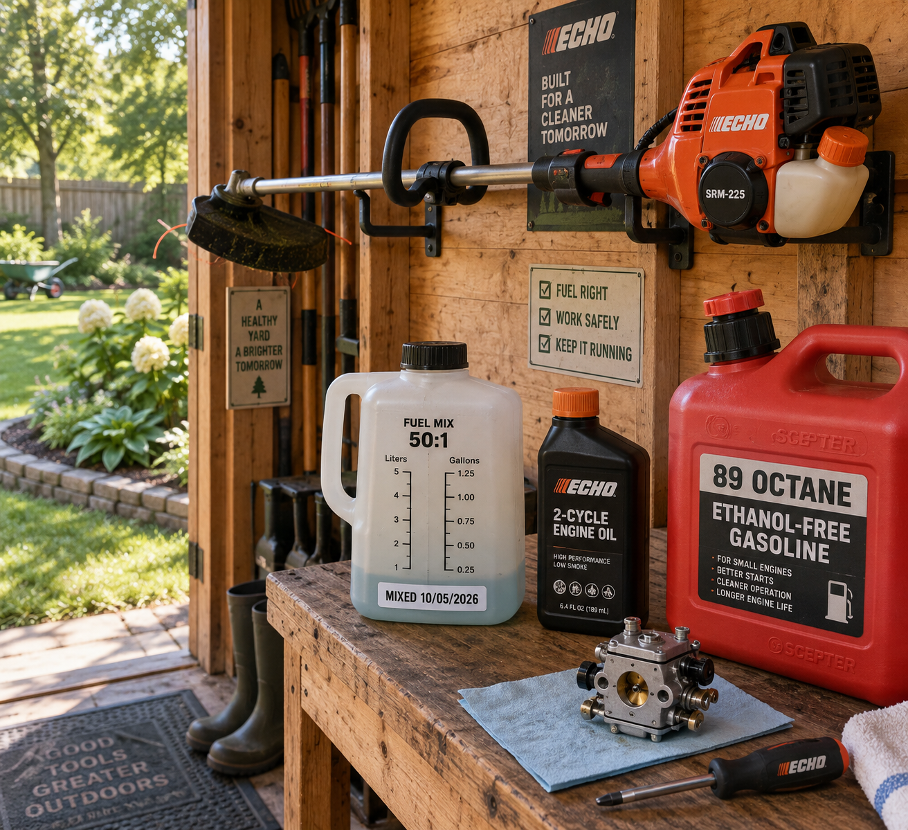 Echo weed eater fuel mixture: trimmer above a workbench with 50:1 jug, two-cycle oil, and labeled ethanol-free fuel can.
