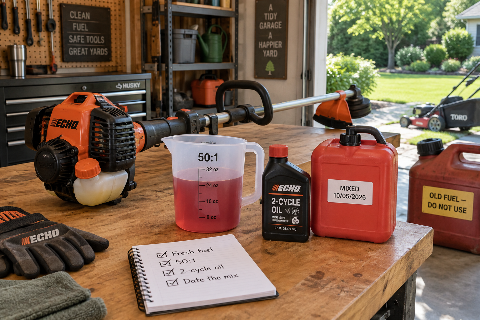 Echo weed eater fuel mixture setup on a garage workbench, with 50:1 jug, 2-cycle oil, dated fresh fuel, and old fuel marked do not use.