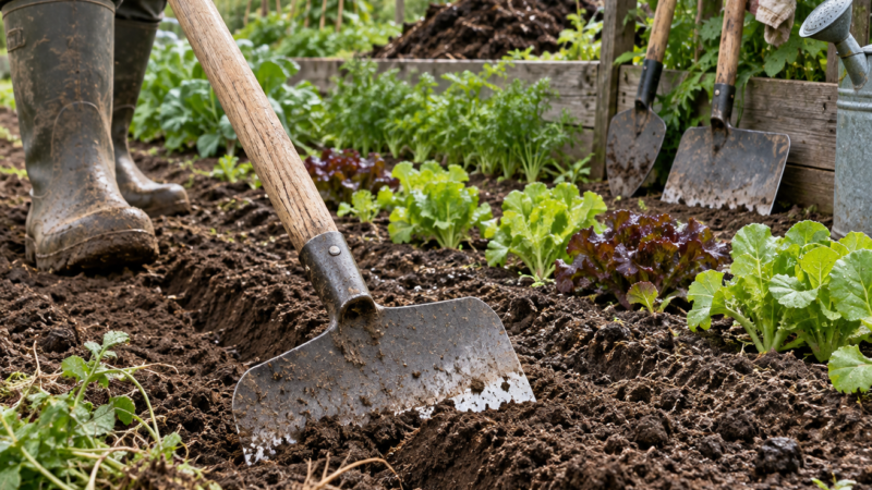 A steel hoe cuts a fresh furrow in dark soil beside young lettuces; other hoes rest on a rack in the garden. A practical hoe garden tool.