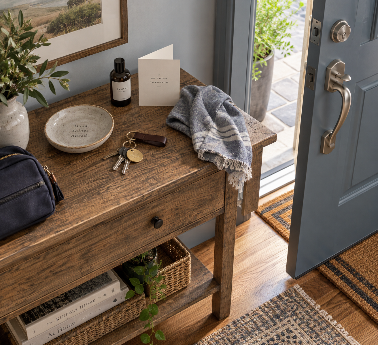 Entryway console with keys, cloth, bottle, and ceramic dish beneath an open door; a hoe garden tool rests nearby.