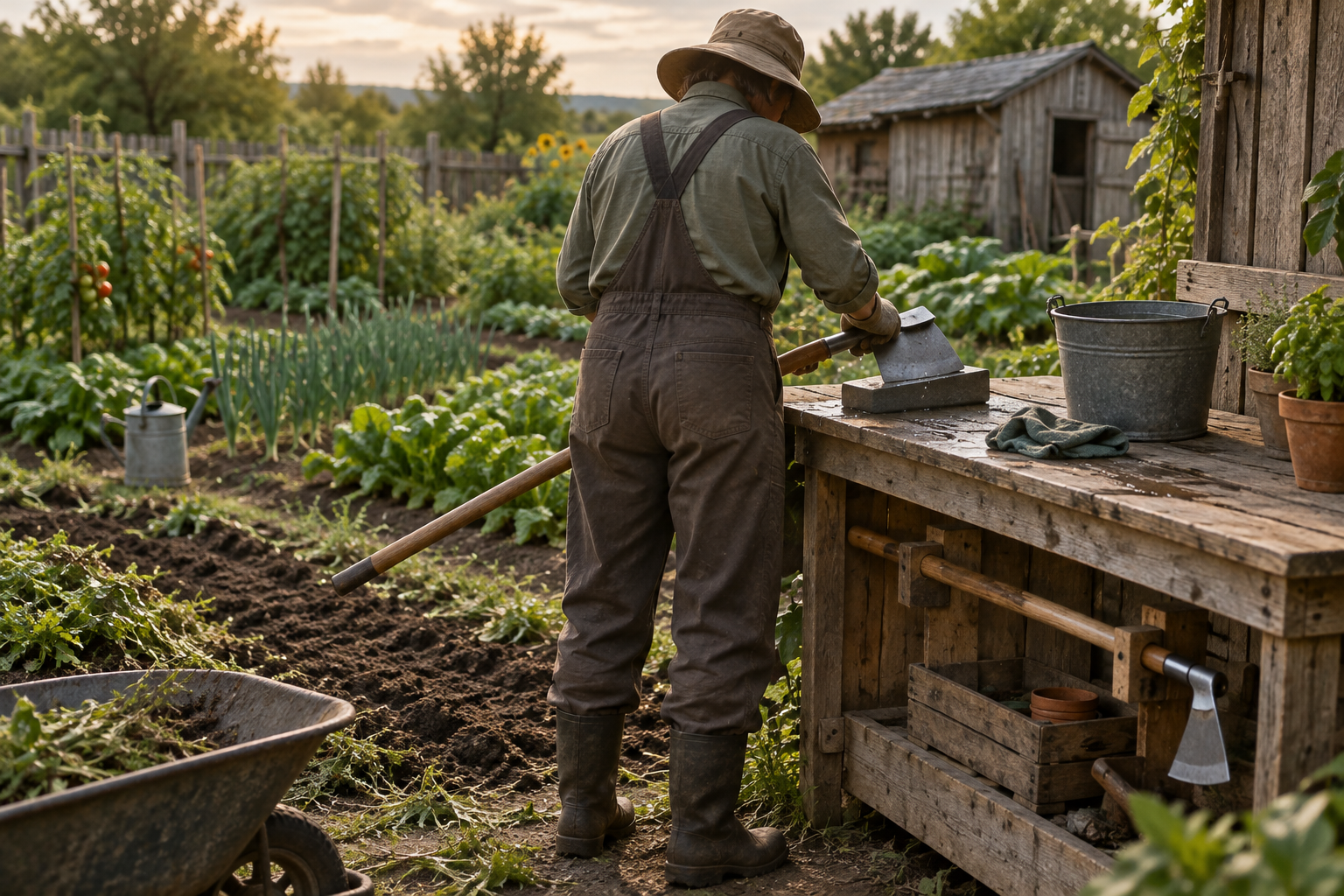 Gardener sharpens a hoe garden tool on a stone at a potting bench beside vegetable rows and freshly turned soil.