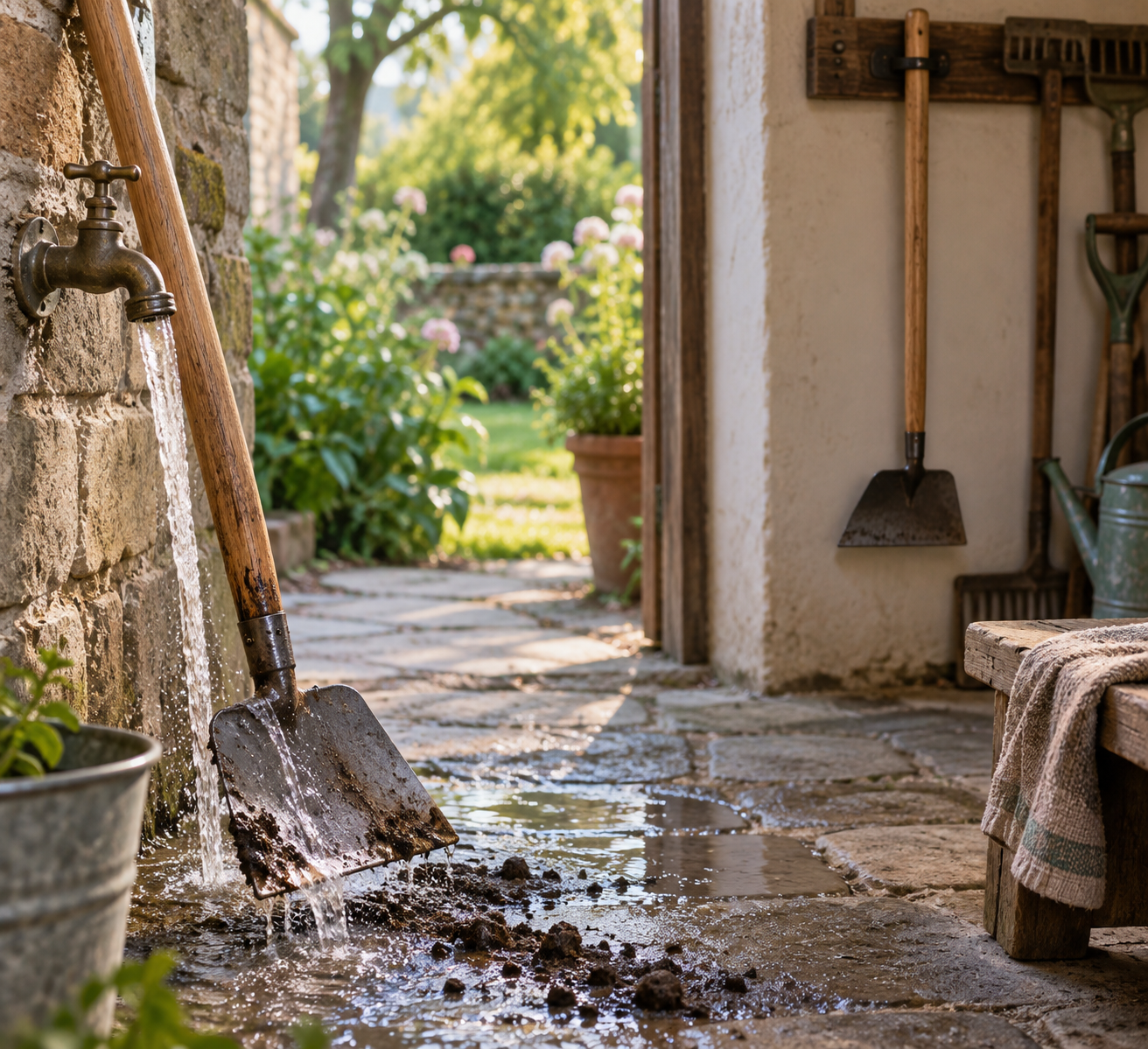 A hoe garden tool is rinsed at an outdoor tap, with its wooden handle nearby and a tool rack in the entryway.