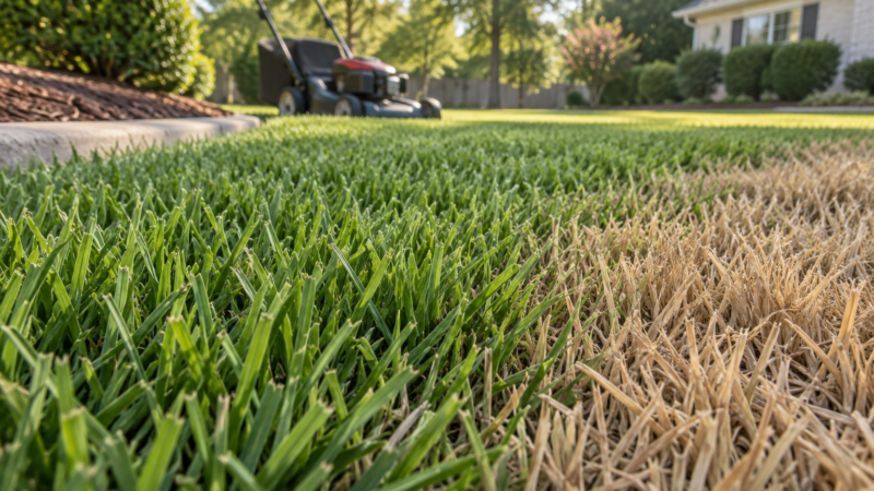 Close-up of a zoysia grass lawn transitioning from lush green blades to a small tan patch, with a blurred mower and home nearby.