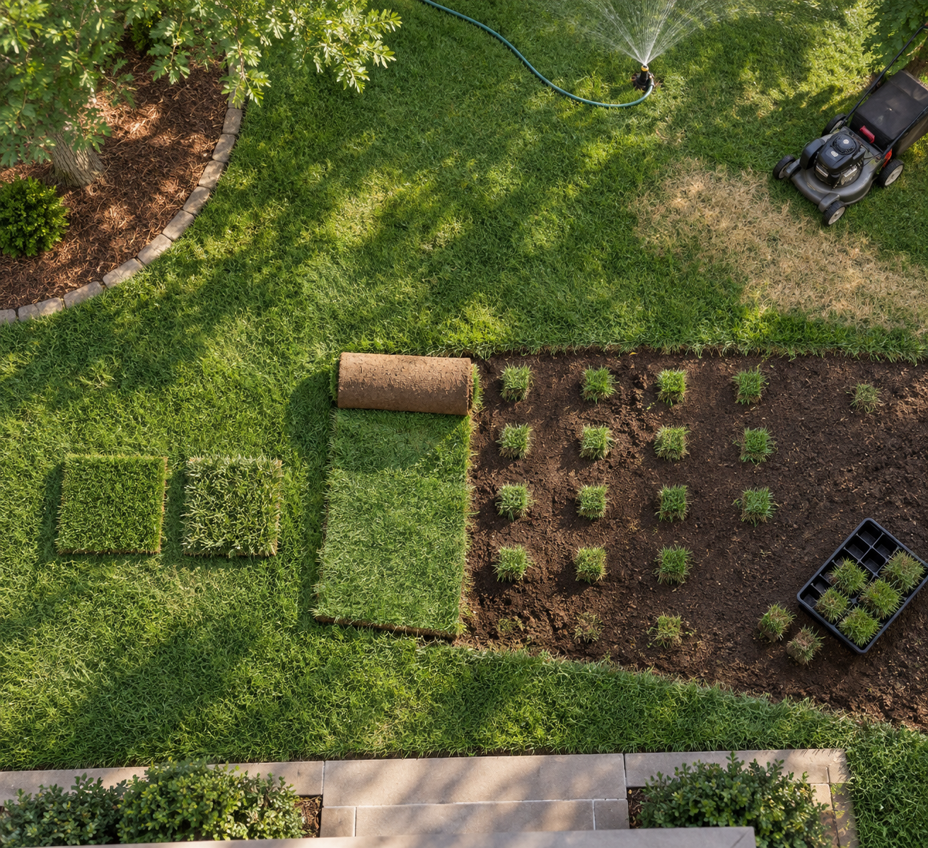 Overhead view of zoysia grass lawn with sod, planted plugs, turf samples, and a tan dormant patch in warm daylight.