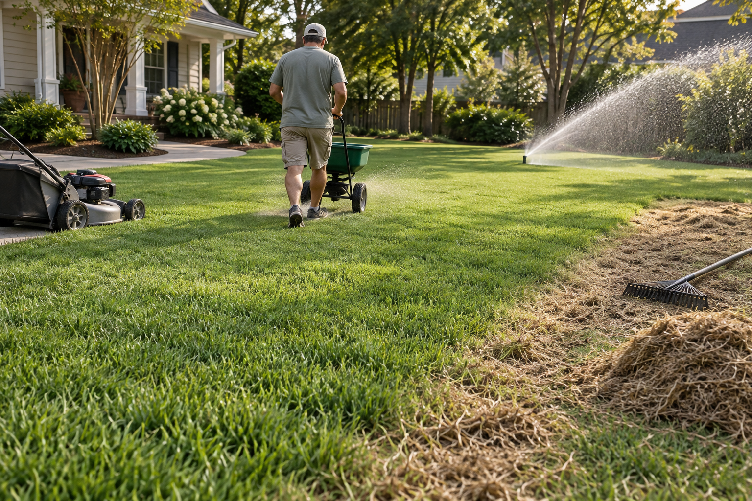 Homeowner spreads fertilizer across a zoysia grass lawn as a sprinkler arcs water nearby and tan thatch lies by a rake.
