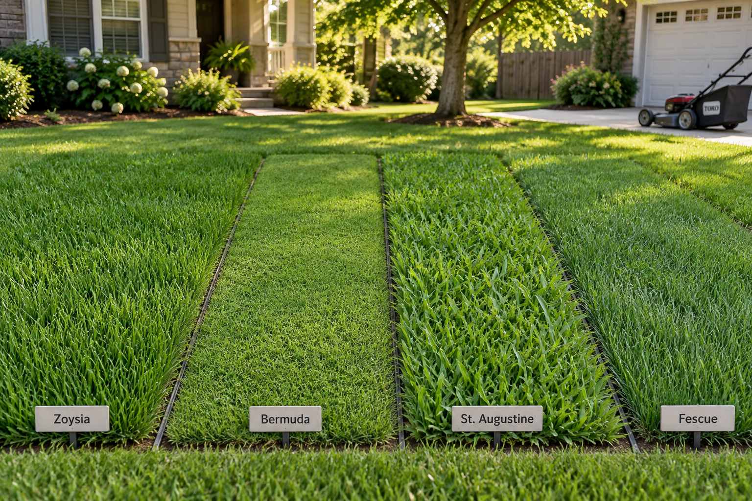 Zoysia grass lawn compared with Bermuda, St. Augustine, and fescue strips beside a suburban home, with a mower nearby.