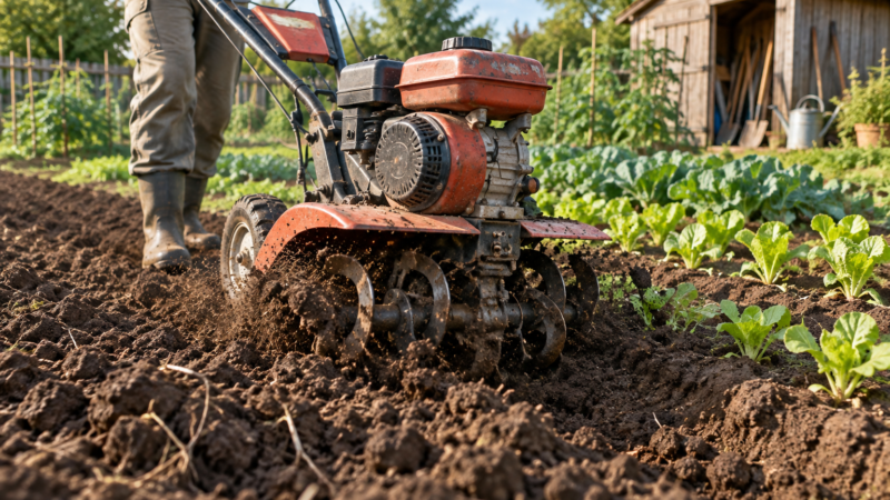 A cultivator tiller churns dark soil beside rows of young vegetables in a sunlit garden.