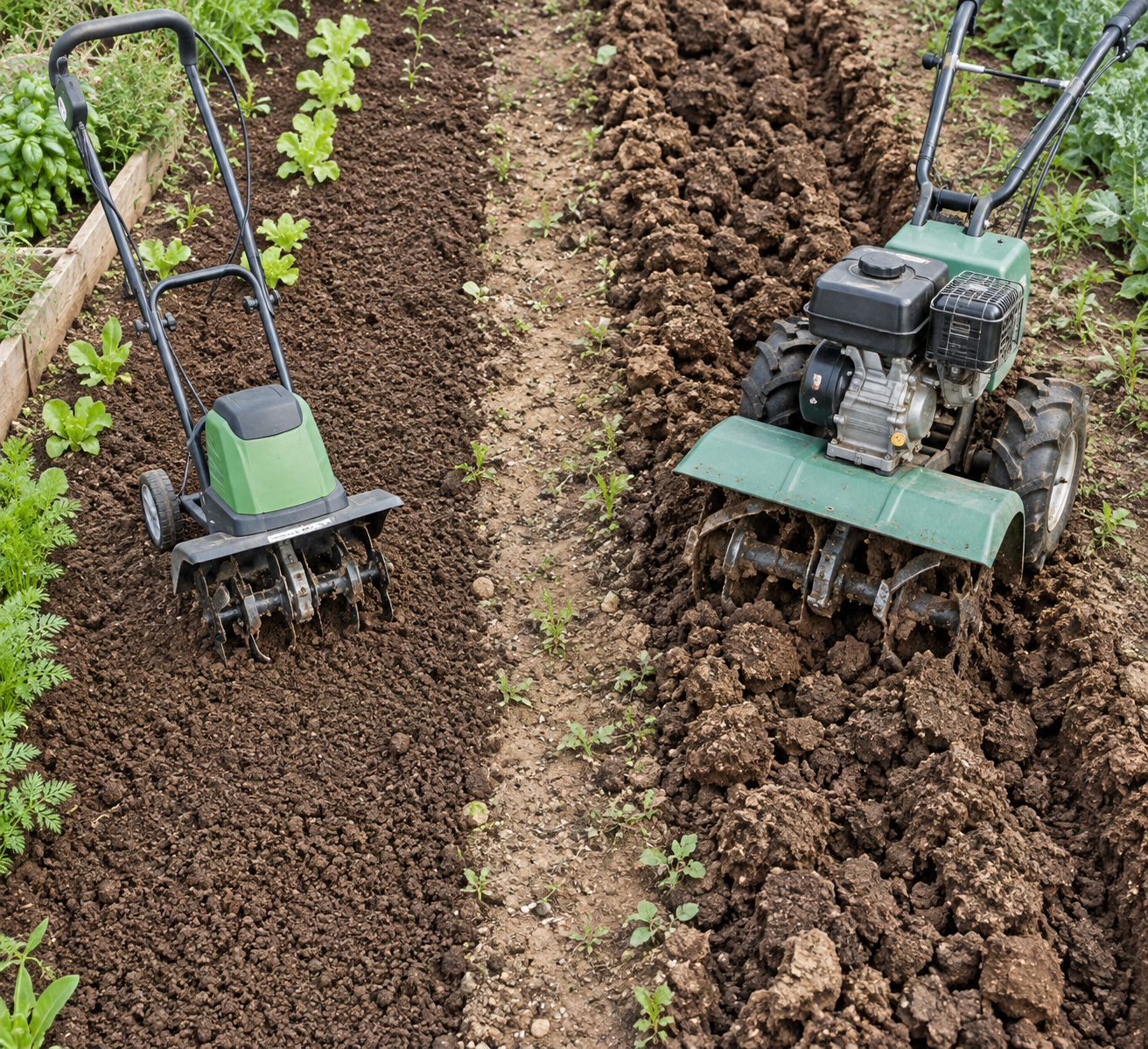 Overhead comparison of an electric cultivator tilling loose garden soil and a gas-powered cultivator tiller cutting a deeper furrow in clods.