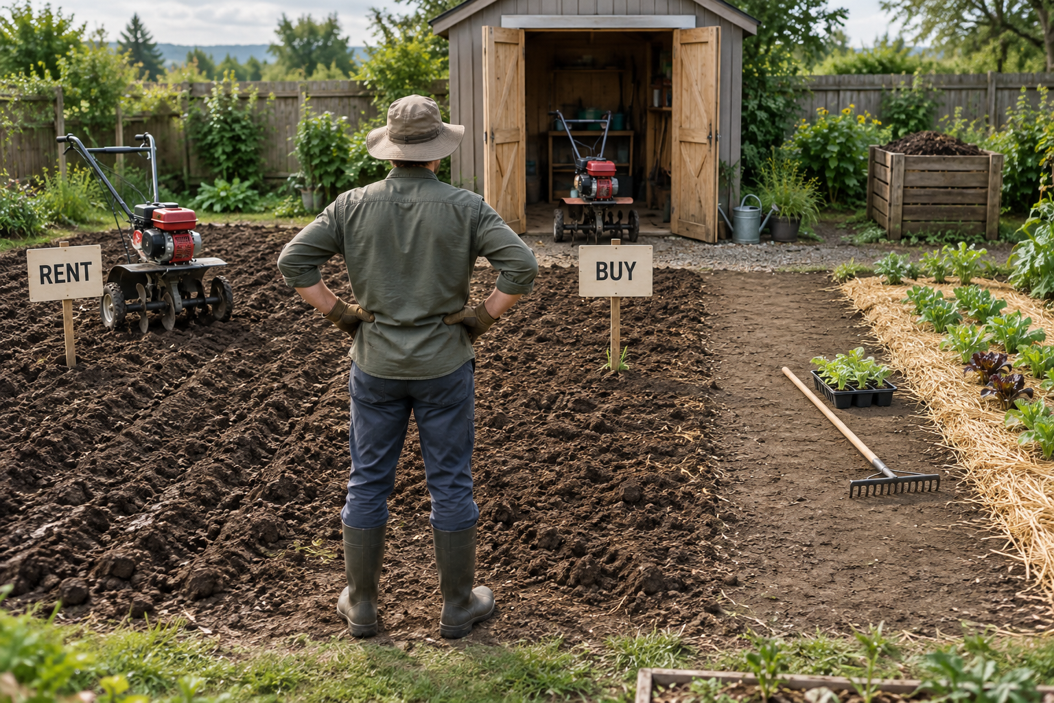 Gardener weighs renting or buying a cultivator tiller versus skipping it, with machines, garden beds, and tools in a backyard plot.