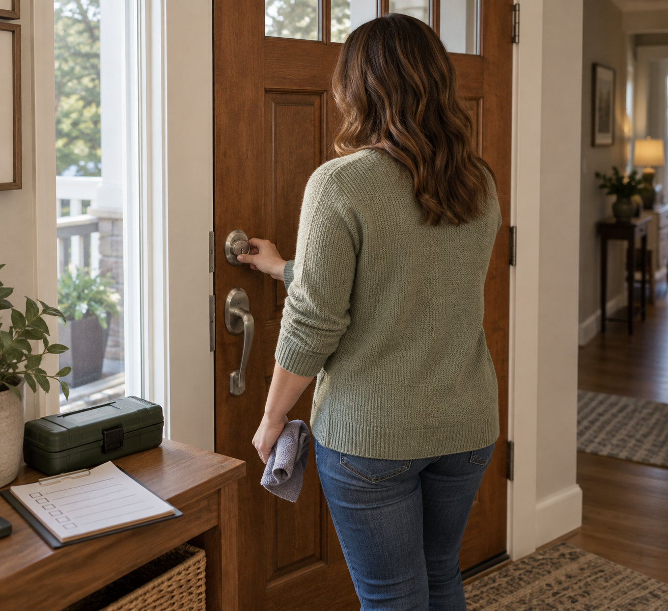 Homeowner checks a front-door deadbolt and frame; a folded cloth and closed cultivator tiller kit sit nearby.