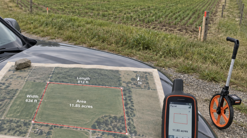Field map, GPS, and measuring wheel on a pickup show rural acreage being surveyed, illustrating how to calculate acreage.