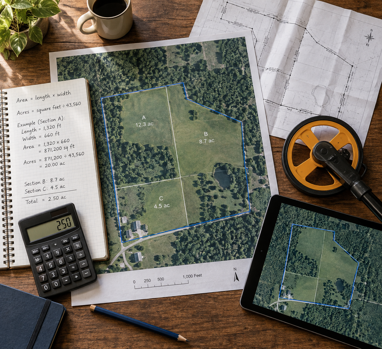 Overhead view of a parcel map, measuring tools, and acreage notes beside a calculator showing 2.50; guide to how to calculate acreage