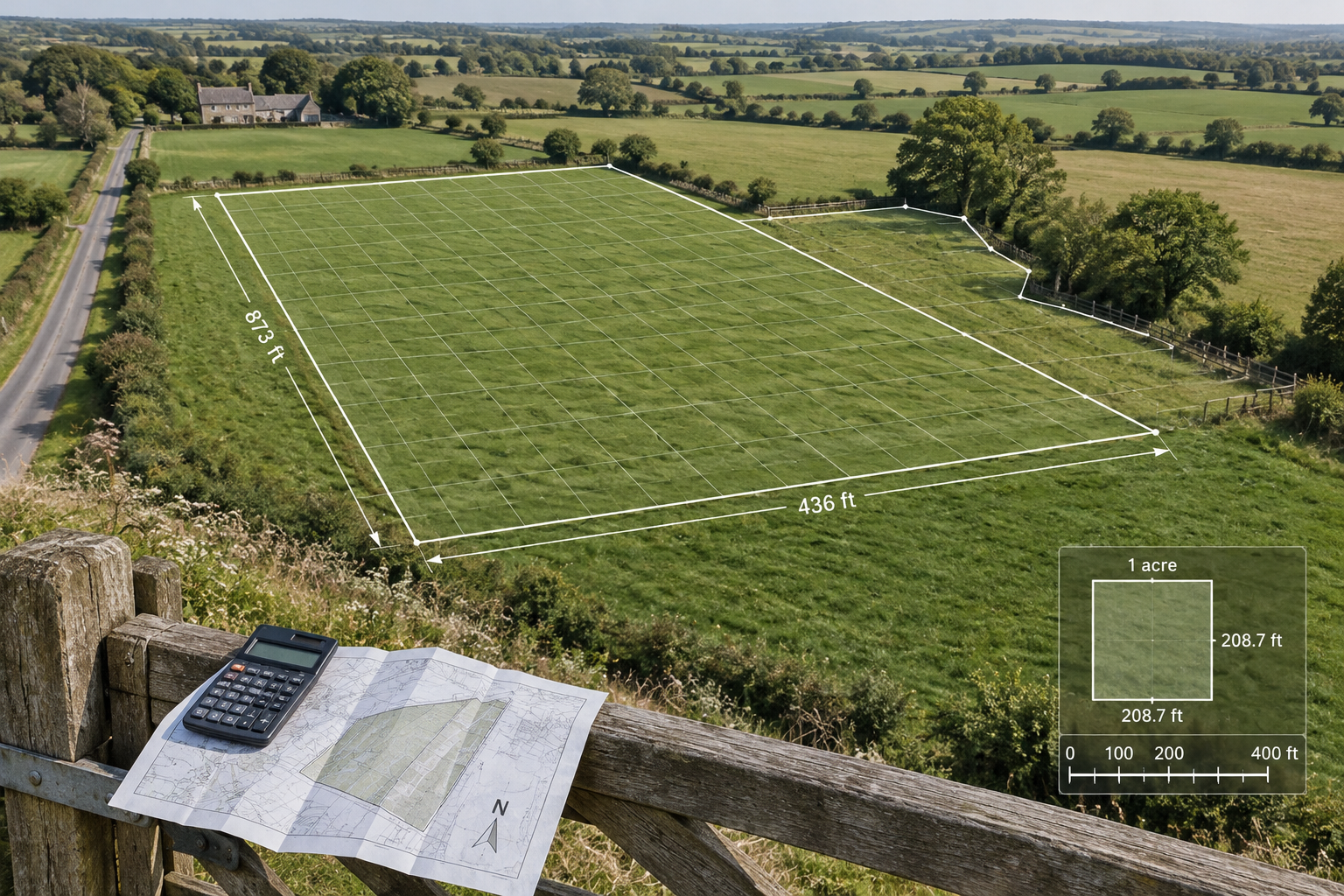 Aerial field grid with survey lines, dimensions, and an irregular plot; map and calculator illustrate how to calculate acreage.