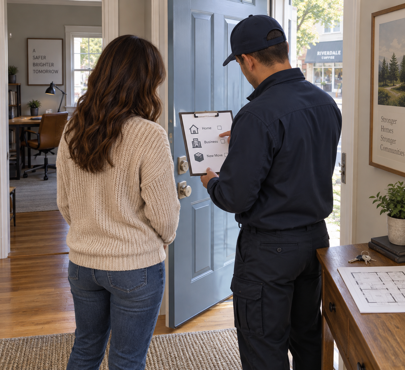 A locksmith reviews a checklist marked “Home,” “Business,” and “New Move” with a homeowner by an installed deadbolt; a house plan hints at how to calculate acreage.