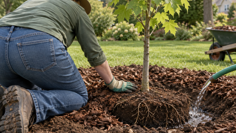Gardener plants a young red maple, pressing soil around its roots beside a mulch ring and watering hose in a sunny garden.