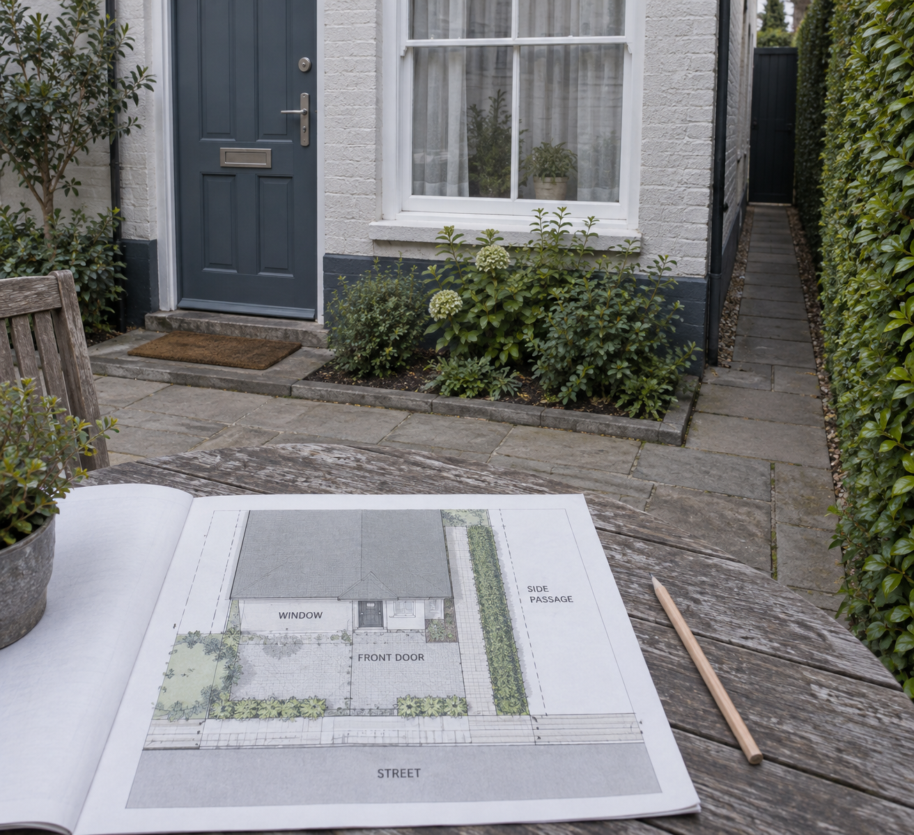 A house entrance, curtained window, hedge, and side passage overlook a labeled site plan on a weathered table beside red maple planting.