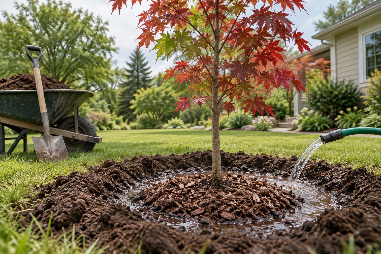 Red maple planting in a residential garden, with a hose watering the mulched root basin beside a spade and soil-filled wheelbarrow.