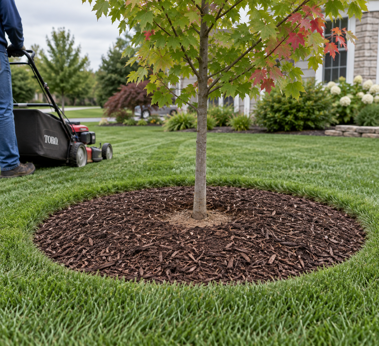 Young red maple planting in a residential lawn, with mulch kept clear of the trunk as a mower trims the surrounding grass.