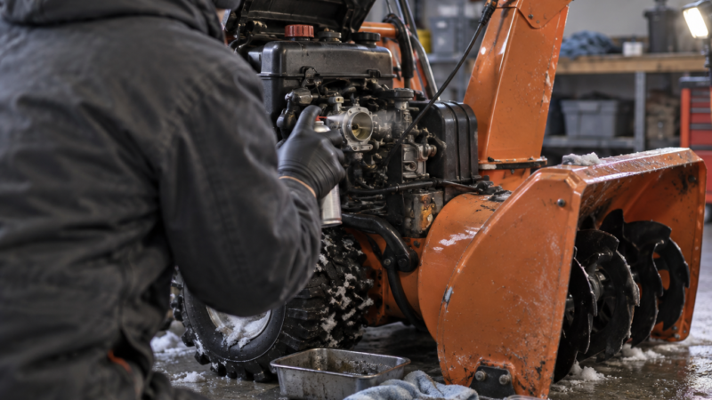 Mechanic sprays carb cleaner into a snow bloweru2019s mounted carburetor in a cool, cluttered garage.