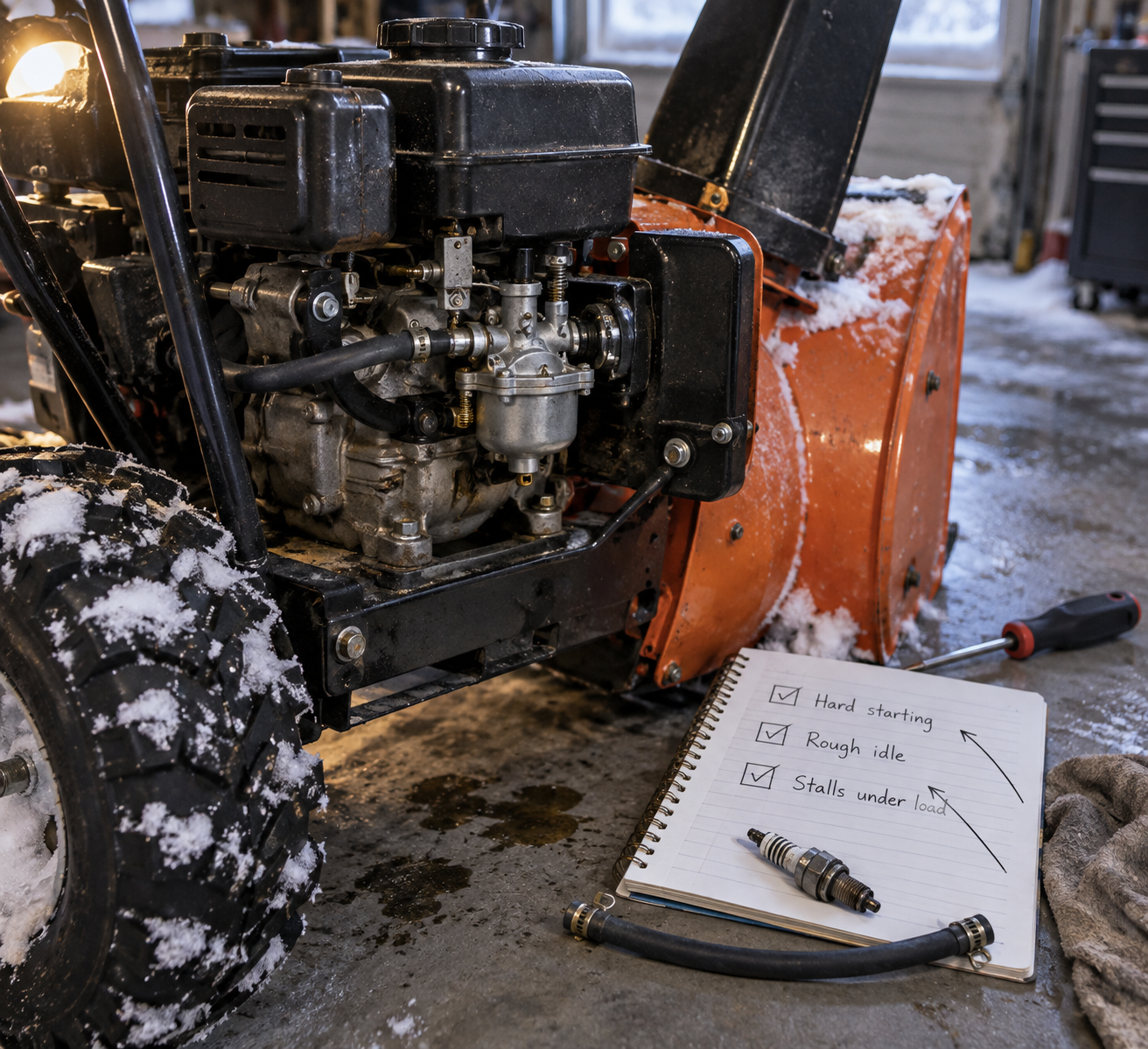 Snow blower carburetor beside diagnostic notes, a spark plug, and fuel line in a cold garage; carb cleaner snow blower context.