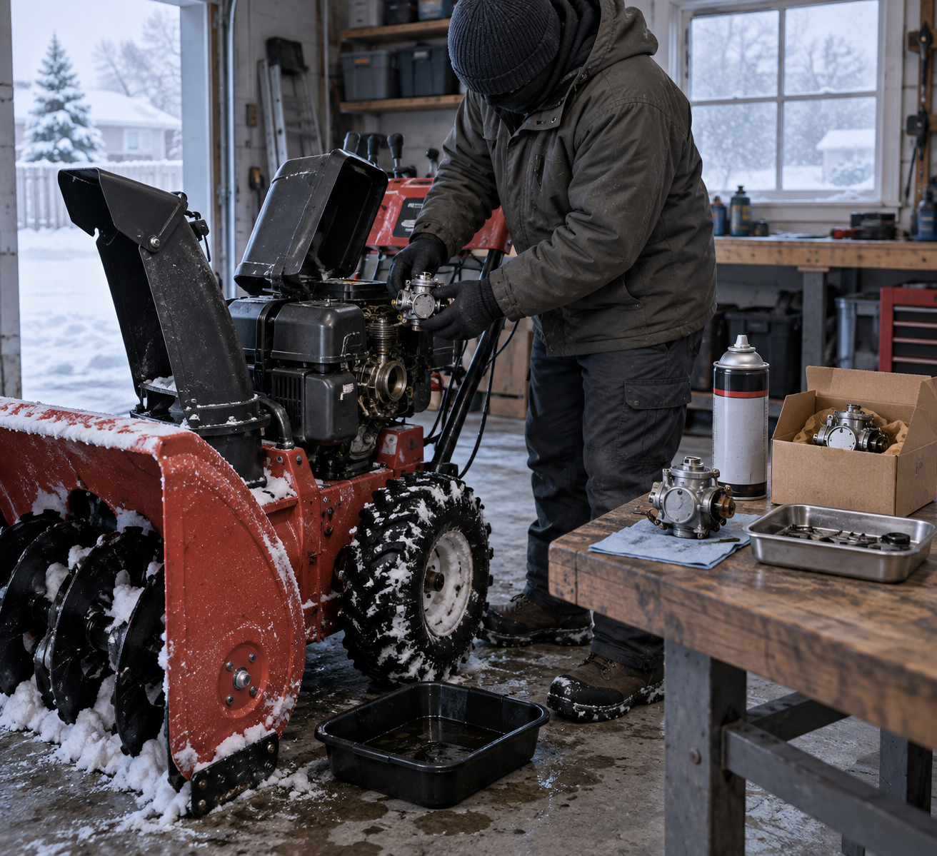 Mechanic removes a carburetor from a snow blower beside a replacement part and carb cleaner snow blower supplies in a frosty garage.