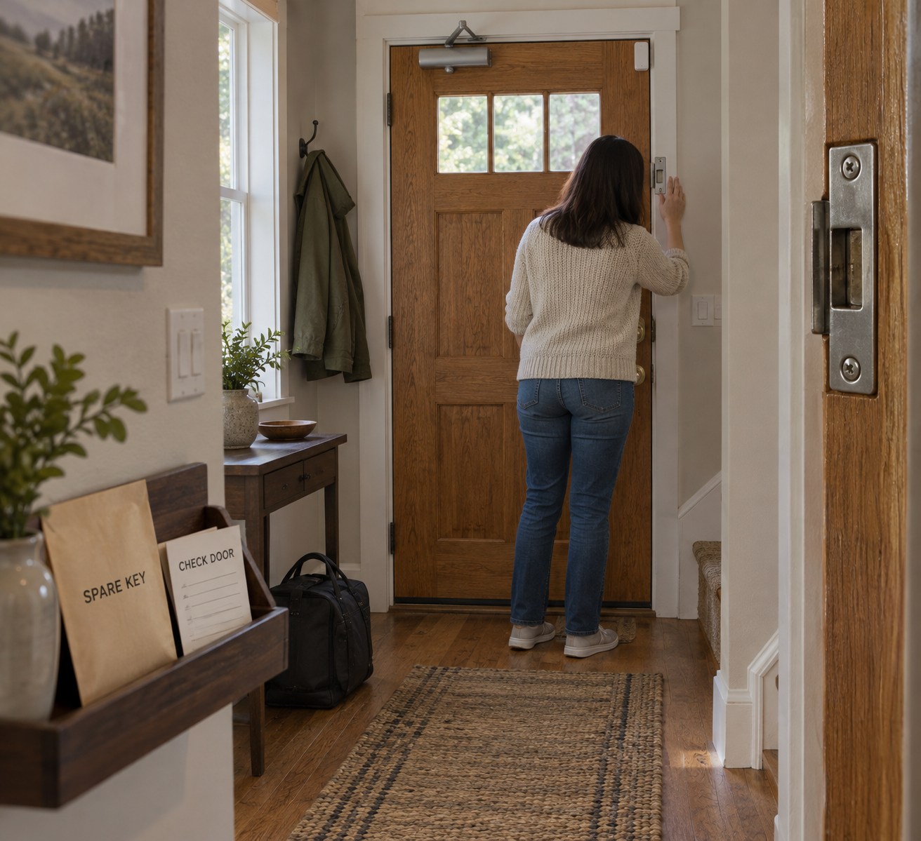 Homeowner checks a reinforced entry door; spare-key tray, door sensor, coat, and tool bag sit nearby. No carb cleaner snow blower is shown.