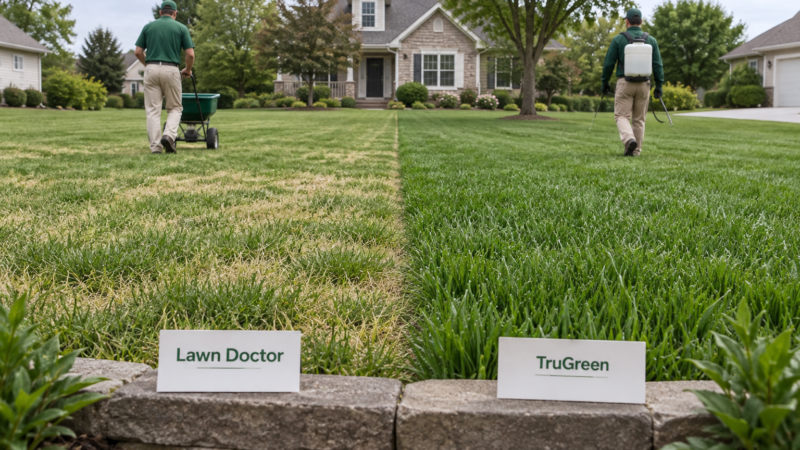 Lawn doctor vs trugreen: two technicians treat a suburban lawn, contrasting patchy grass with a healthy green section.