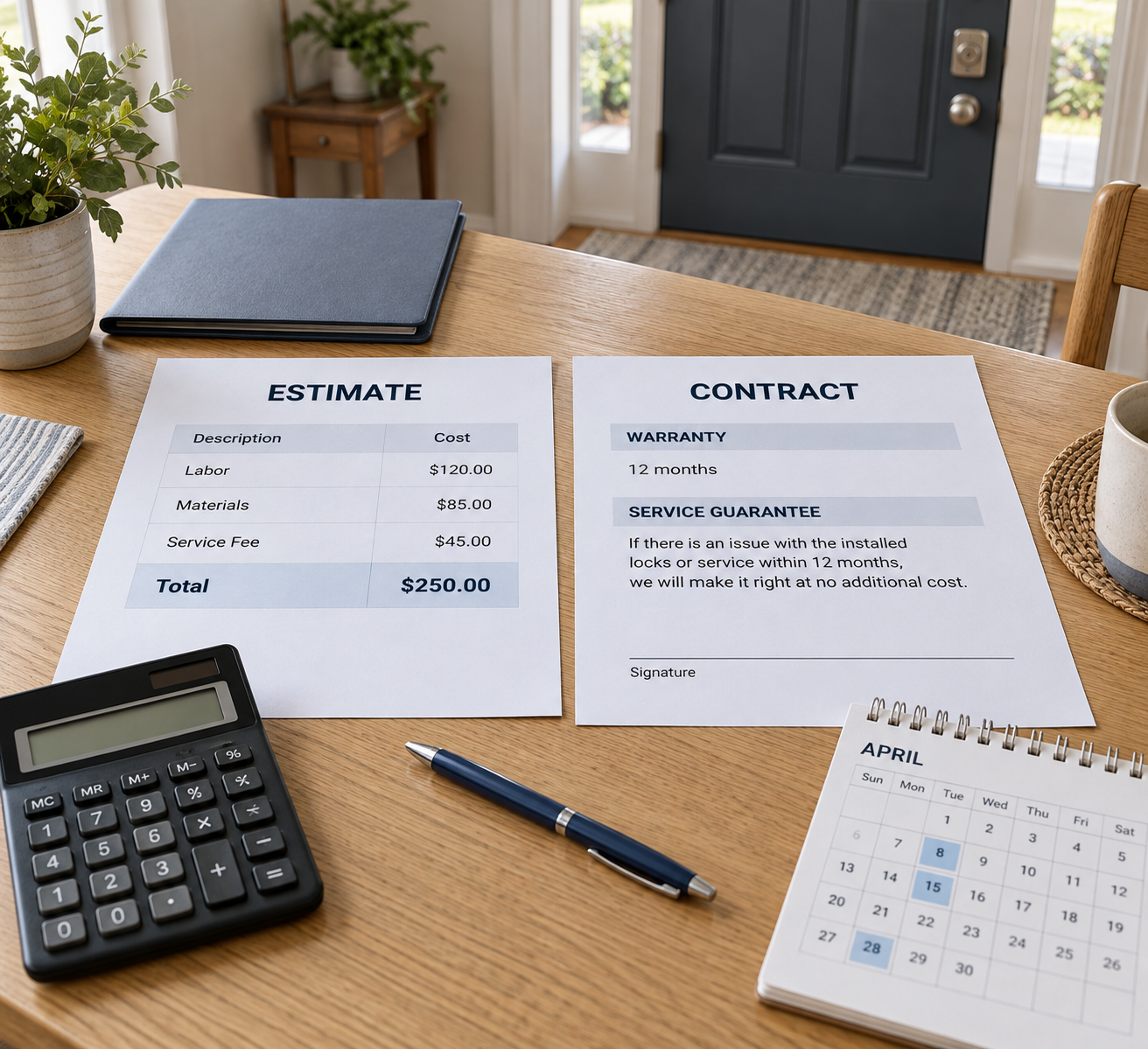 lawn doctor vs trugreen: itemized lock-service estimate and warranty contract beside a calculator on a kitchen table.