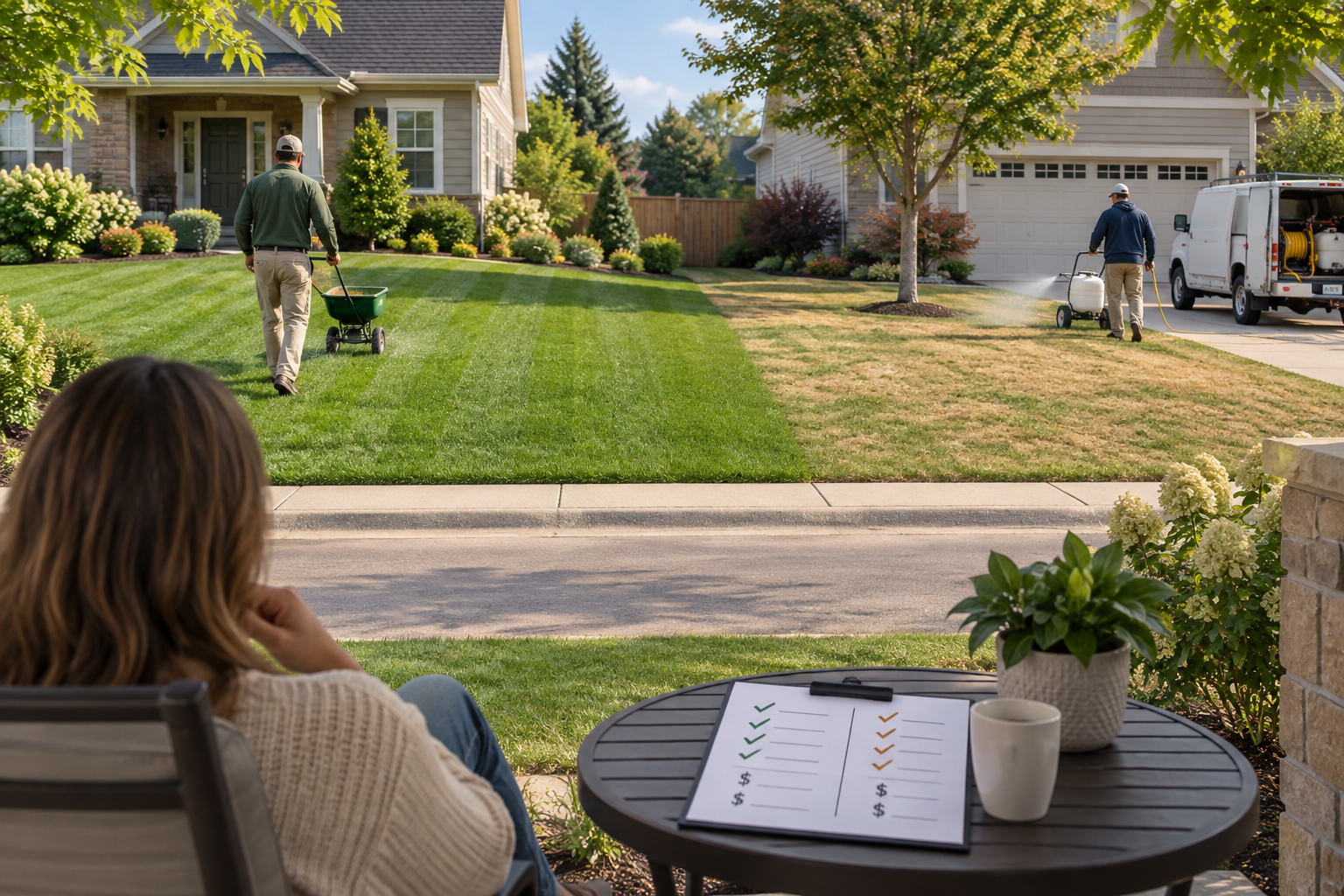 Homeowner compares lawn-care estimates as two technicians treat neighboring lawns, illustrating lawn doctor vs trugreen.