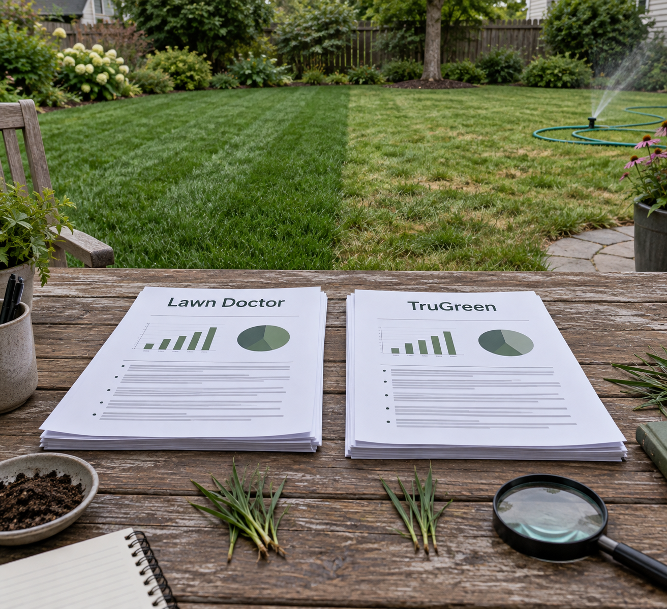 Lawn doctor vs trugreen brochures and research pages sit on a garden table beside grass samples and a suburban lawn.