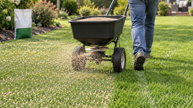 Fertilizer broadcast spreader scatters granules across a lawn as a gardener guides it, leaving a crisp boundary between treated and green grass.