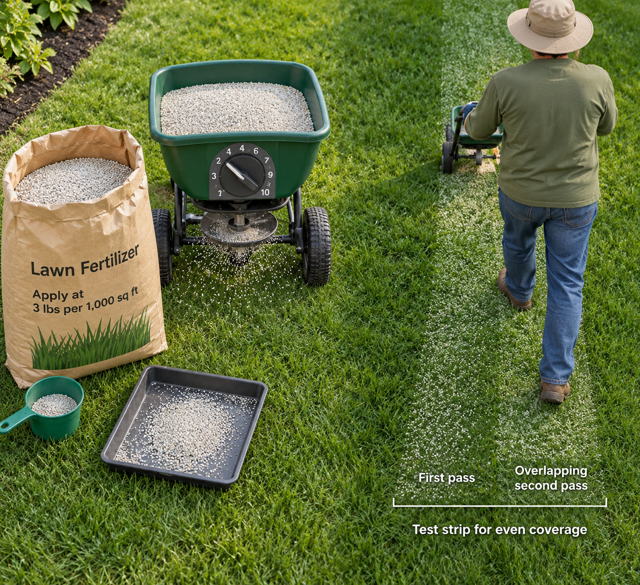 Overhead view of a gardener testing a fertilizer broadcast spreader on a lawn beside a labeled fertilizer bag, scoop, and tray.