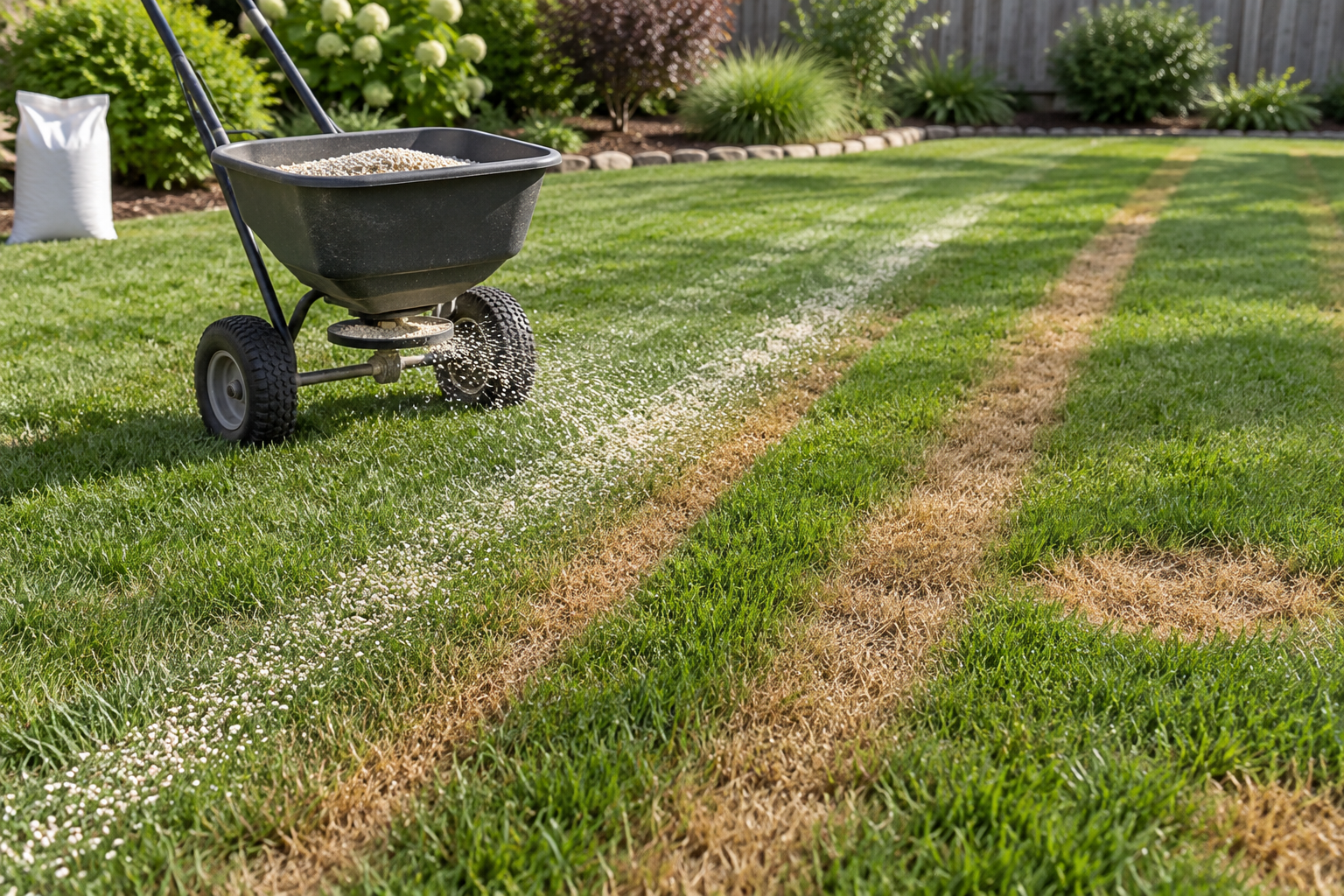 A fertilizer broadcast spreader sits on a lawn with parallel brown burn streaks, patchy grass, and a trail of pale granules.