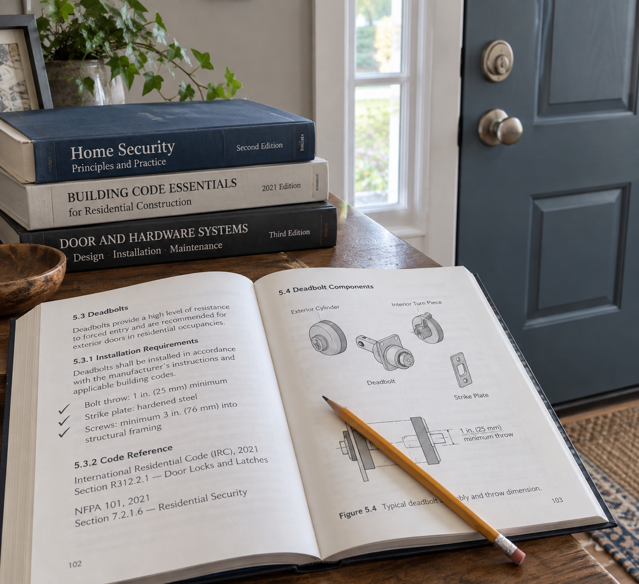Open reference book with printed door-hardware citations and diagrams on an entryway console; fertilizer broadcast spreader appears nowhere.