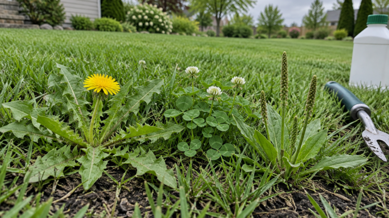 Wild weedsu2014dandelion, clover, and plantainu2014stand out in a suburban lawn beside a hand weeder and plain bottle.