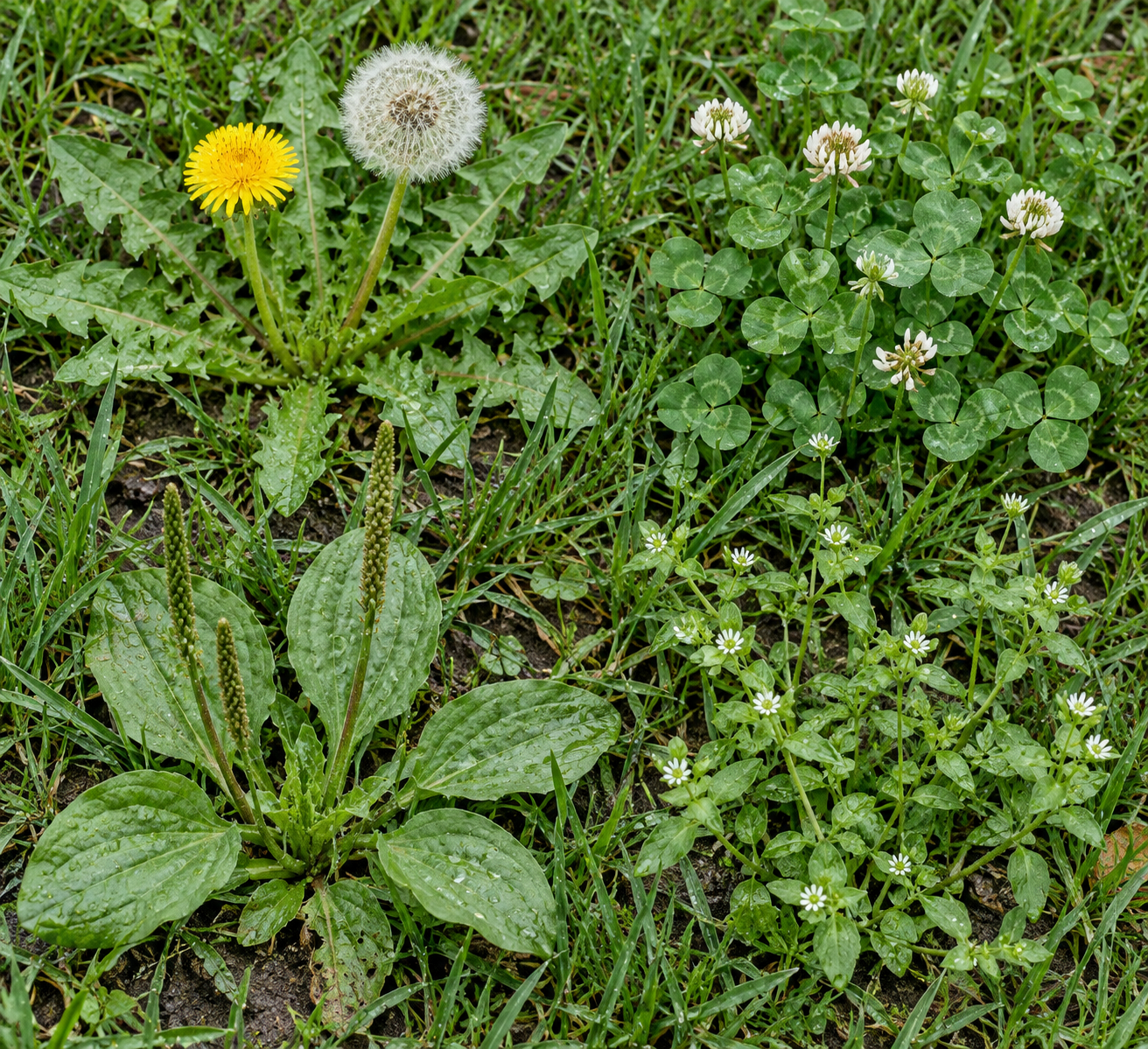 Wild weeds—dandelion, clover, plantain, and chickweed—grow among rain-speckled grass in a detailed overhead view.