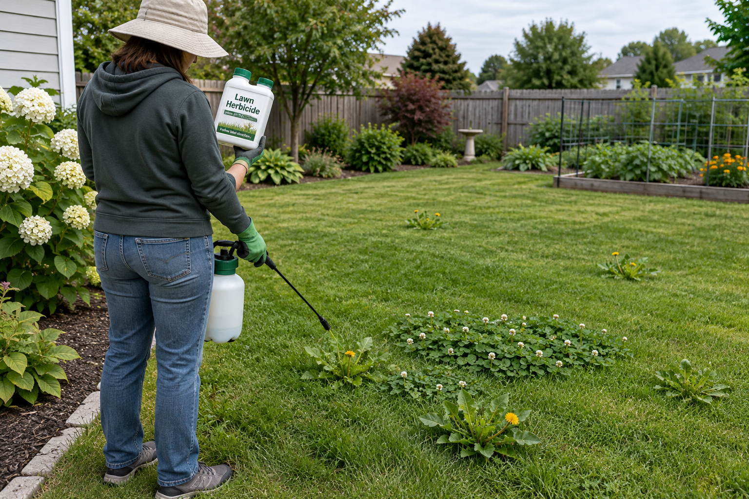 Homeowner reads herbicide directions before spraying wild weeds in a lawn, with clover and dandelions among the grass.