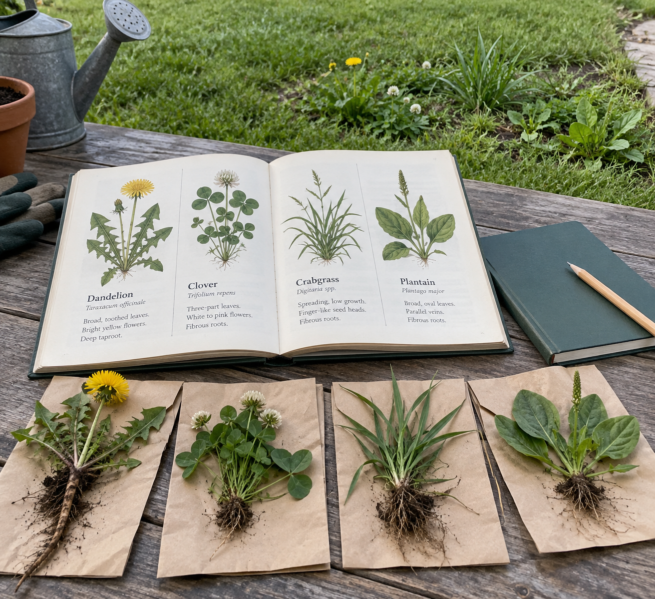 Open wild weeds field guide beside labeled illustrations and weed specimens on a garden table, with a weedy lawn in the background.