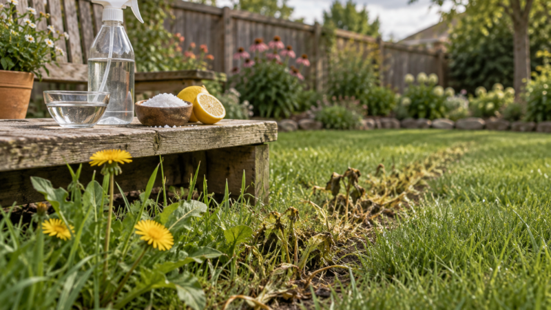 Homemade weed killer ingredients and spray bottle sit on a garden bench beside weeds wilting along a lawnu2019s edge.