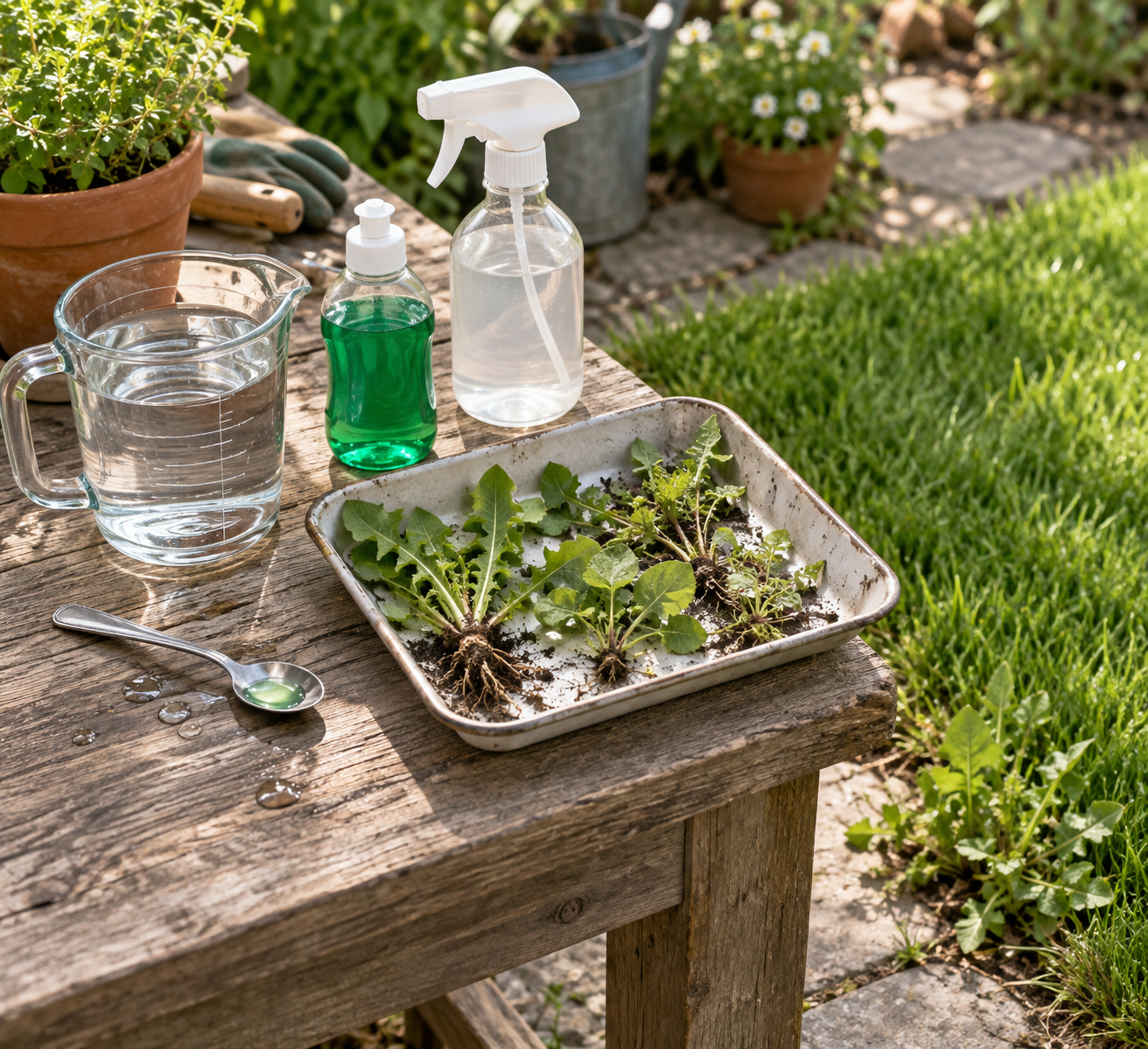 Homemade weed killer ingredients—vinegar, dish soap, and a spray bottle—beside pulled weeds and a healthy lawn on a wooden bench.