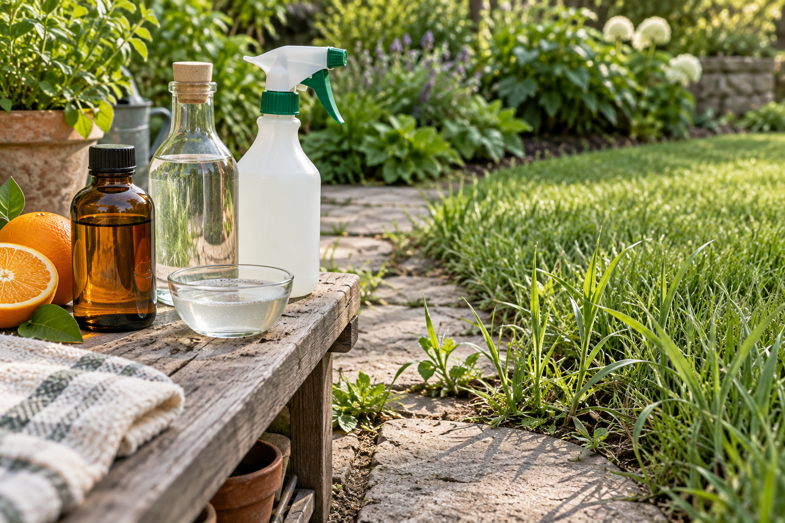 Homemade weed killer ingredients sit beside grassy weeds growing in a crack along a stone garden path.