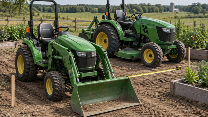 Two sub compact tractors sit side by side by a garden, with a measuring tape showing their size and turning-space differences.