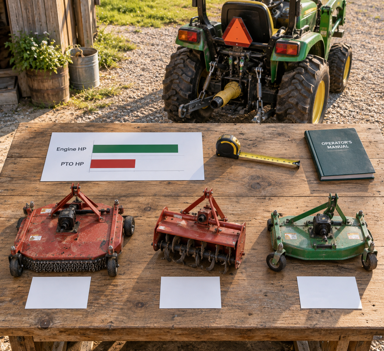 Overhead farm workbench showing sub compact tractors, Engine HP and PTO HP bars, and a rotary cutter, tiller, and mower deck.