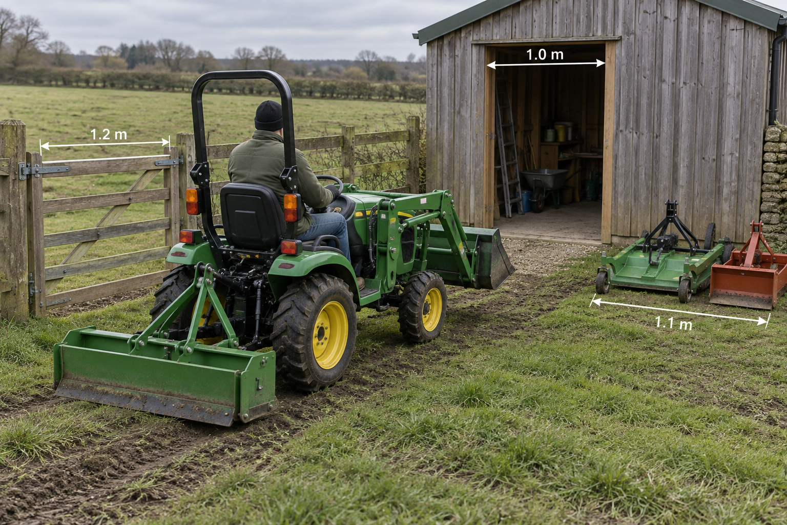 Sub compact tractors: a small tractor with a loader and rear attachment beside a garden gate and shed entrance for scale.