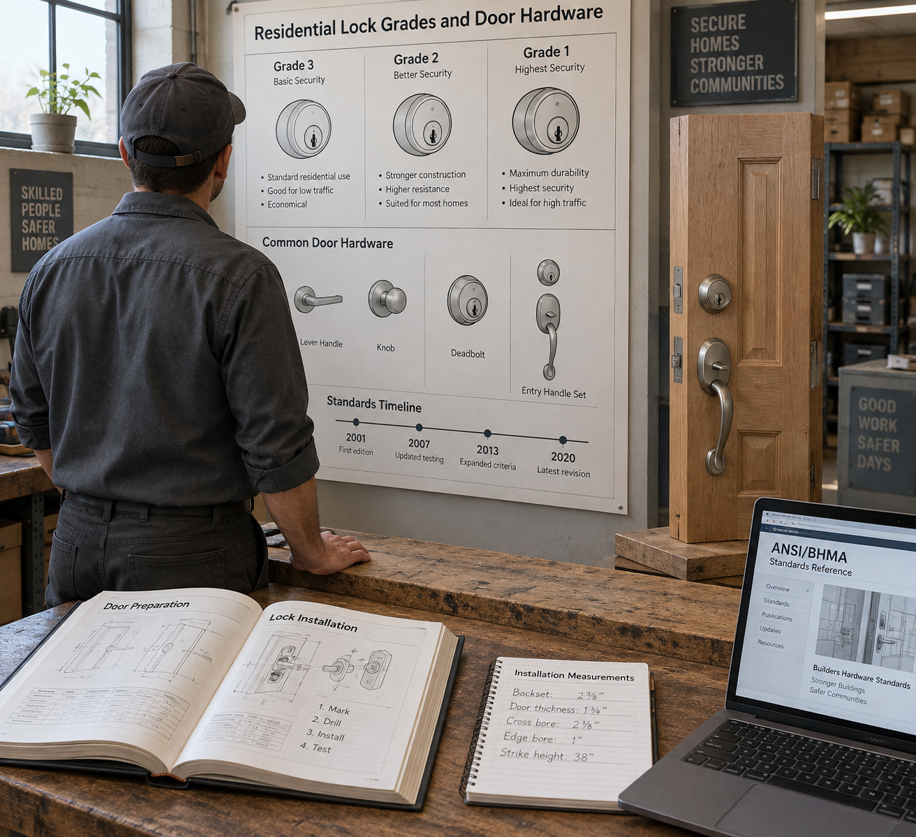 Locksmith studies a lock-grade chart beside reference books and an installed deadbolt; sub compact tractors appear in a notebook.
